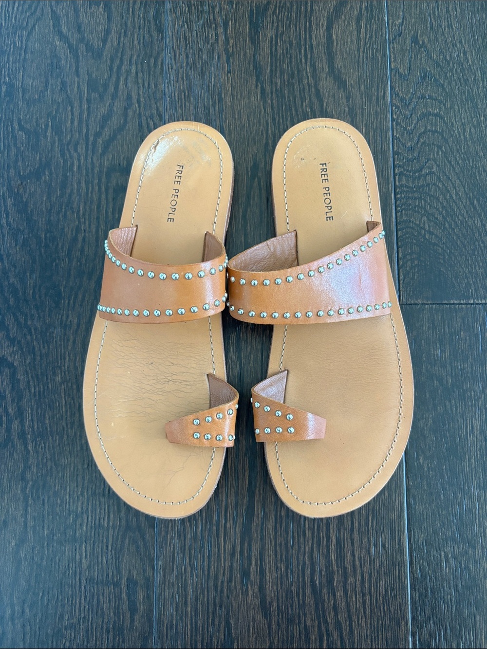 Free People Brown Leather Studded Slide Sandals